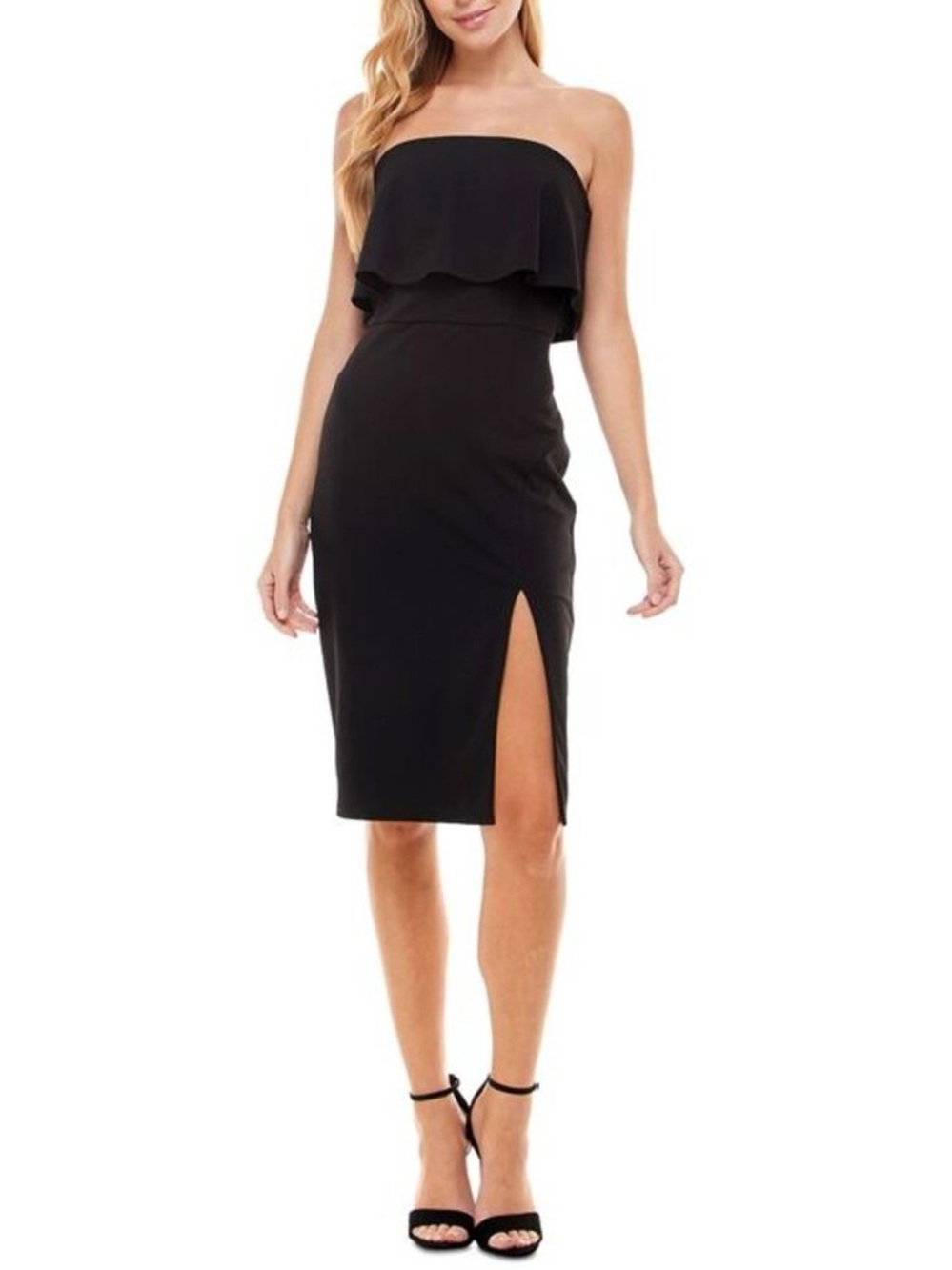 NWT Crystal Doll Black Strapless Foldover Sheath Midi Dress Slit Size 3